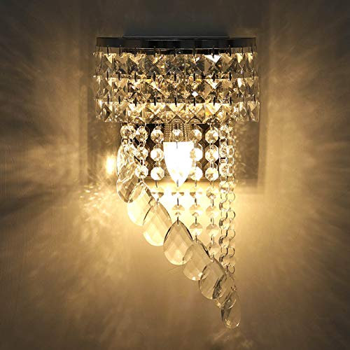 KAWELL Modern K9 Kristall Wandleuchte LED Innen Kristall LED Wandlampe Chrom-Finish Edelstahl Wandbeleuchtung E14 Lampensockel für Schlafzimmer Wohnzimmer Esszimmer Flur Treppe Mädchenzimmer