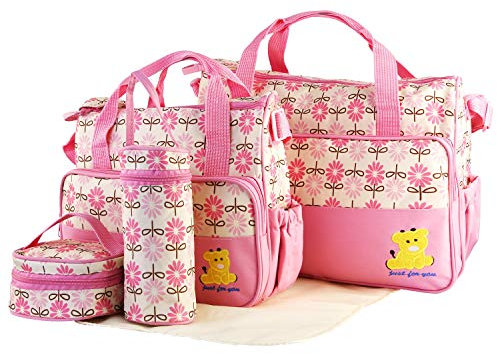 iMounTEK 5PCS Diaper Bag Tote Set, Baby Nappy Diaper Bags, Travel Tote for Mom Dad (Pink)