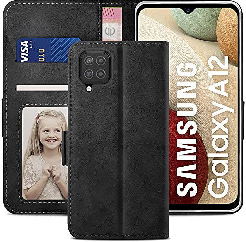 YATWIN Handyhülle Kompatibel mit Samsung Galaxy A12 Hülle +1 Stück Panzerglas Schutzfolie, Klapphülle M12 Premium Leder Brieftasche Schutzhülle [Kartenfach][Stand] Handytasche Case für A12, Schwarz