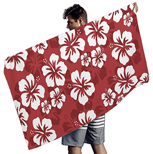 Damen Herren Rechteckig Strandtuch Badetuch Hawaii Hibiskus Blumen Rot Picknickdecken Strandmatte Handtücher Extra Groß Reisehandtuch für Spa Yoga Sport White 150x75cm