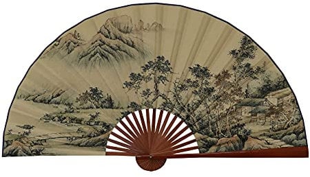XIANGZI Large Hanging Fan Retro Decoration, Chinese Style Wall Hanging Landscape Pattern Folding Fan, Craft Fan Decoration Large Painting Fan,B- 0.7m high 1.25m expanded
