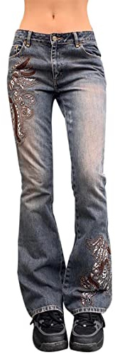 PDYLZWZY Damen Low Waist Schlaghose Y2k Denim-Jeans mit weitem Bein und Grafik Straight Bell Bottom Bootcut Leggings Streetwear