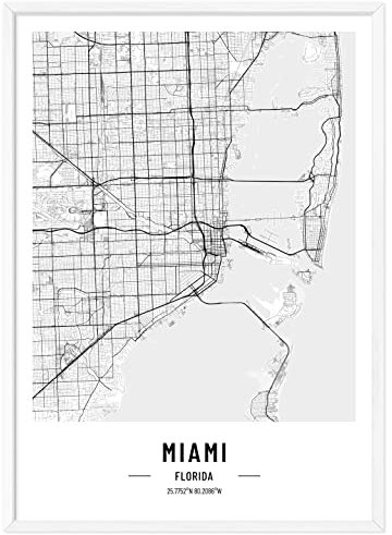 JUNOMI® Miami Poster XL mit Rahmen Weiß, DIN A2 Wohnzimmer Deko, Modernes Wandbild, Miami Bild, Wandbild mit Rahmen, Stadtplan Poster Miami, perfekte Geschenkidee