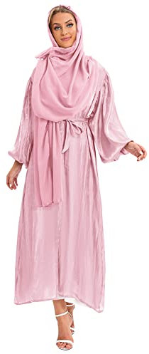 IWEMEK Strickjacke Frauen Muslimische Cardigan Lange Maxikleid + Hijab Kopftuch Passform Langarm Kaftan Damen Burka Abaya Islamic Dubai Arabisch Kleider Gebetskleid Gebetskleidung #B: Rosa Set L