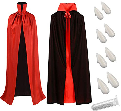 CMJBUHR Mantello Vampiro, Nero Rosso Capa Costume Vampiro 140cm, Halloween Costume Vampira Reversibile Unisex,Costume da Vampiro Adulto Bambini, 8pcs Denti da Vampiro,1 Bottiglia Colla per Denti
