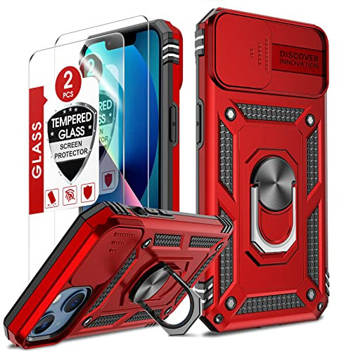 LeYi for iPhone 13 6.1'' Case and Screen Protector, Camera Lens Slide Design, Military Grade Protective Shockproof Phone Cover with Ring Stand Holder | Camera Protection | Rotatable Kickstand Red