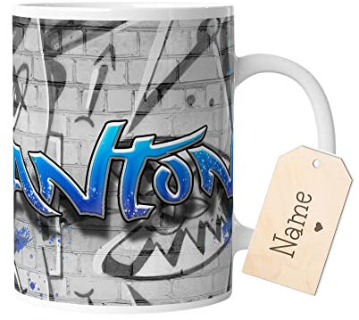 timalo® Coole Gaming Tasse personalisiert mit Namen | Kaffeetasse Geschenk für Gamer Becher | Graffiti Jungen blau | mug-gamer-51