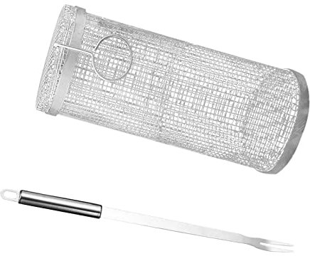 BBQ Grill Basket, Rolling Grill Basket, Stainless Steel Wire Mesh Cylinder Grilling Basket, Outdoor Camping Barbecue Rack with Fork for Vegetables, French Fries,Fish Grill Cooking Accessories (L)