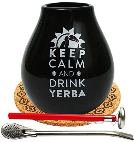 Taza de té mate negra de 350 ml | Taza de té de cerámica mate Luka Negro | Bombilla de acero con pajita Liza de 19 cm | Termómetro de té analógico en una funda lápiz de 15 cm de largo | Almohadilla
