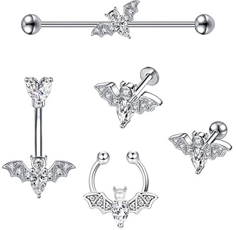 Longbeauty 14G 16G Fledermaus Piercing Set Halloween Körperschmuck Hufeisen Nasenring Hoops Labret Lippenpiercing Tragus Ohrring Bauchnabelring Industrial Barbell, 5 Pcs, Silber