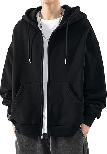 OLIPHEE Herren Hoodie Einfarbig Kapuzenpullover Fashion Full Zipper Oberteile mit Taschen (L,Aschwarz)