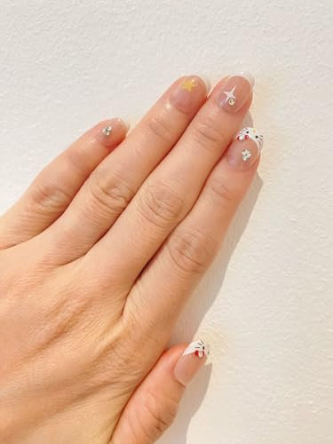 Short Squoval Nude French Hello+ + Kitty Cute Diamond Fake Press On Nail Set