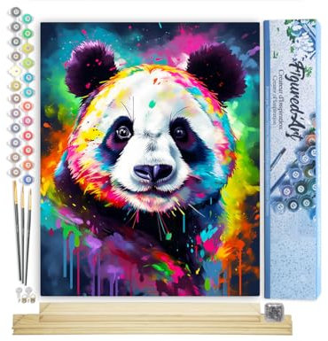Figured'Art Peinture par Numéro Adulte avec Cadre Panda Coloré Abstrait - Activité Manuelle Kit de Loisir Créatif DIY Numéro d'Art Complet Animaux - 40x50cm avec châssis en bois à monter