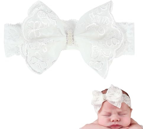 LEEQ Fasce per Capelli Bambina - Fascetta Neonata Battesimo Elastici Grazioso Fiocco in Pizzo Fascia per Capelli Elegante Accessori per Bambini Neonati Bambina Accessori Fasce