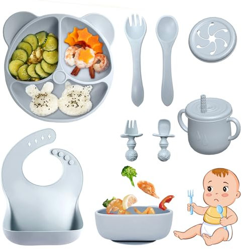 Bizcasa Coffret Repas Bebe 9 pièces, Vaisselle Antiderapant pour Bébé Set Silicone avec Ventouse Assiette Bol Fourche Cuillère Bavoir et Tasse, Assiette Enfant Set, Sans BPA (Gris)