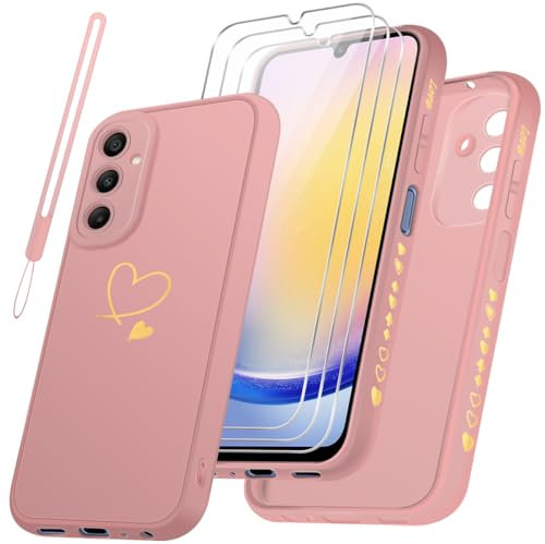 Cover Compatibile con Samsung Galaxy A25 5G, con 3 Pezzi Vetro Temperato Pellicola Protettiva + 1 Cordone, Morbido TPU, Antigraffio e Antiurto Custodia (Rosa)