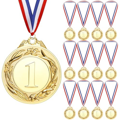 Geepen 12 Pièces Médailles Enfants, Médailles de Récompense en Métal Médaille d'or avec Rubans de Cou, Médaille Or pour Enfant, Médailles du Gagnant pour Compétition Récompenses Thème Sport Day