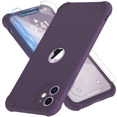 ORETECH Coque Silicone pour iPhone 11 avec 2 Pièces Verre Trempé Protection écran,2 en 1 Antichoc Souple TPU Rigide PC Housse de Protection Etui pour iPhone 11 Case 6.1 Violet Foncé