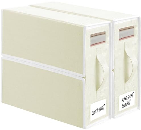 TAHAVICE Bettwäsche Organizer, 2 Stück Bettwäsche Aufbewahrung für Bettlaken mit Fenster und Reißverschluss, Faltbar Decken Organizer für King und Queen Bettwäsche(Beige)