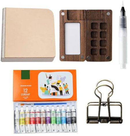Palette Portable Aquarelle en Bois avec Clip et Stylo - Mini Boîte de Peinture de Voyage pour Gouache avec 8 Grilles