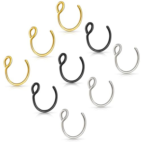 Tucnoeu Lot de 9 faux piercings pour le nez, en acier inoxydable, 8 mm, Acier inoxydable, No Gemstone