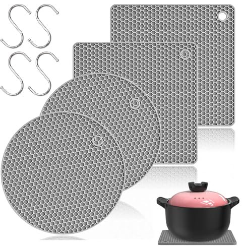 4 Pack Silicone Trivet Mats, 2 Squared+2 Round Silicone Heat Resistant Thicken Pot Holders, Non-Slip hot pan mat for Hot Pots Holder, Pads, Pans, Dishes, Spoon rest, Coasters (Grey)