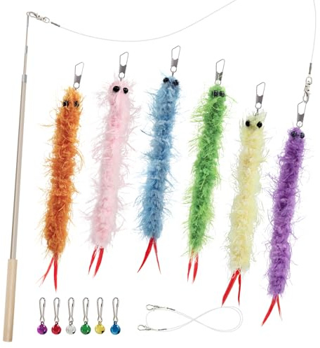 SONGWAY Cat Worm Toy Wand - Teaser Wand Toys with 6 PCS Feather Tail Worm Cat Toy Refills, Interactive Toys for Indoor Cats Kittens