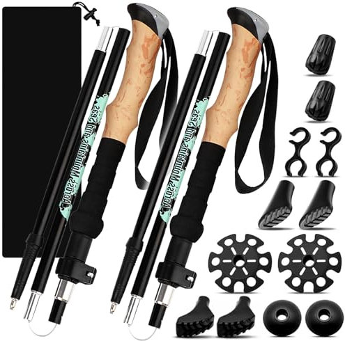 PQETBV Bâtons de Trekking Pliables, 2 PCS Baton de Marche Telescopique, Bâtons de Marche Nordique pour Homme et Femme avec 6 Paires de Tampons en Caoutchouc pour du Trekking