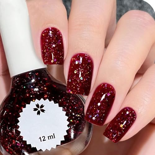 Glitter Nail Polish - Dark Red Glitter Nail Polish - Shimmer Cherry Fingernail Polish - Glossy Long Lasting & Quick Dry Nail Varnish for Women DIY Nail Art at Home (Wine Red Glitter, 12ml)