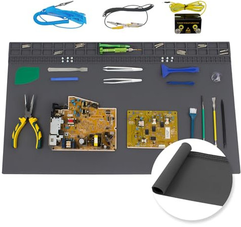 Extra Large Soldering Mat, 27.6''x 15.7'' Large Silicone Repair Mat, 932°F Heat Resistant Workbench Mat for Electronic, Cellphone, Laptop Repair with Wrist Strap and Grounding Cord (Grey)