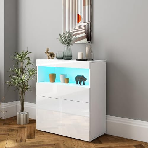 Sideboard mit LED Beleuchtung Weiß Hochglanz - Moderner Aufbewahrungsschrank 2 Türen & Schublade + offenes Fach - Hochwertige Qualität für Wohnlandschaften 80x35x90 cm
