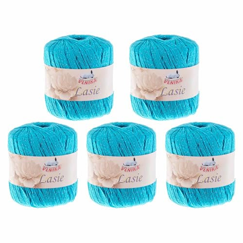 5 Knäuel Häkelgarn Lasie je 150m/50g mit Glitzer Sommergarn Strickgarn Glitzerwolle 15 Farben, Farbe:aqua