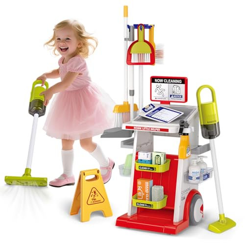 Kids Cleaning Toy Set, 22PCS Toddler Cleaning Set with Real Working Vacuum, Mop & Spray Bottle, Educational Role Play Househlod Carts Toys for Toddlers Ages 3-8, for Boys Girls (Red)