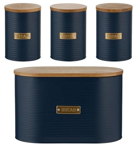 Typhoon Otto Kitchen Storage Canister Set, Black Metal with Bamboo Lids, Tea Coffee Sugar Containers and Bread Bin (Navy Set of 4)