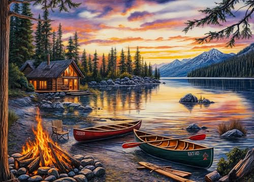 Lakeside Cobin Jigsaw Puzzles for Adults 1000 Jigsaws Cozy Campfire Canoes 1000 Piece Jigsaw Puzzles for Adults