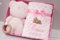 BotoBaby GESCHENKSET Babydecke mit Namen und Datum Bestickt + Teddybären mit Holz-Beißring - Geschenk -Geburt - Taufe (Set 12 - Pink Teddybär)