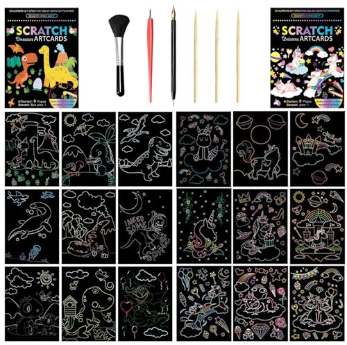 VLYX Kit de Gravure Arc-en-Ciel, 8 Feuilles à Gratter avec Stylet et Outils en Bois pour Enfants & Adultes, Set de Loisirs Créatifs Animaux Cartoon