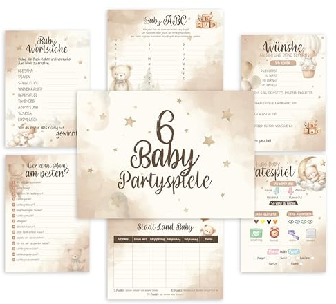 colortouch Babyshower Spiele 50 Karten, 6 witzige Ratespiel Set für Babyparty zum Ausfüllen (10 Stück), Partyspiele Babyshower für Mädchen und Junge, Babyparty Schwangerschaft Geschenk, DIN A5 Boho