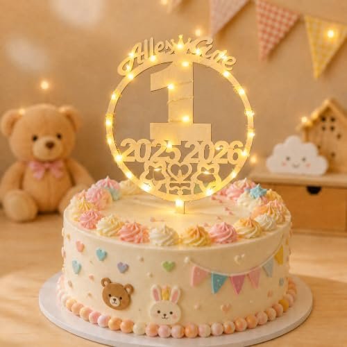 Seutgjie Tortendeko 1. Geburtstag Jubiläum Deko mit LED Licht 2025-2026 | Cake Topper 1. Geburtstag Mädchen Junge Hochzeitstag Holz Kuchen Deko mit LED Lichterkette
