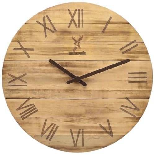 Holzwerk Retro 35 cm Natur Geflammte Wanduhr Holz-Uhr Rustikal Vintage Braun nahezu lautlos aus handgefertigtem Massivholz Natur Holz mit Hirsch Motiv Römische Ziffern (Geflammt.Braun)