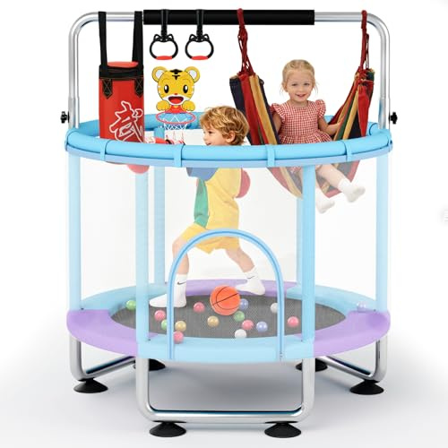 Kindertrampolin 150cm mit Sicherheitsnetz 250KG Belastbar, Trampolin Kinder Indoor Outdoor mit Verstellbares Turnstange, Haltestange, Basketballkorb, Schaukel, Boxsack und Bällen
