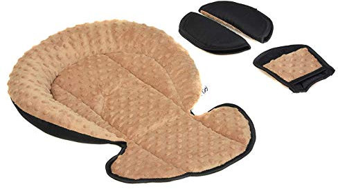 Sitzverkleinerer mit Gurtpolster | Universal-Set mit Kopfschutz & Sitzverkleinerer & Gurtpolster für jede Babyschale | atmungsaktiv & waschbar | Schonbezug 100% Baumwolle, Design:füchse (Beige)