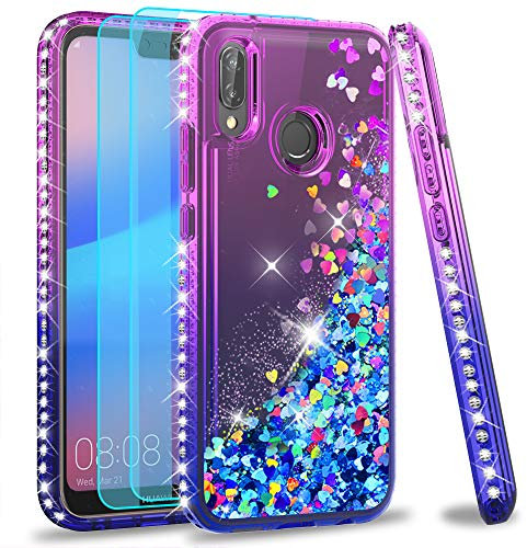 LeYi Custodia per Huawei P20 Lite Glitter Cover con Vetro Temperato,Brillantini Diamond Sabbie Mobili Bumper Case Custodie per Huawei P20 Lite Donna ZX Purple Blue Gradient