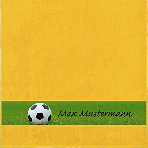 Manutextur Duschtuch Mit Namen - Personalisiert - Motiv Sport Fußball - Viele Farben - Dusch-Handtuch - Gelb - Größe 70x140 cm - Persönliches Geschenk Mit Wunsch-Motiv und Wunsch-Name
