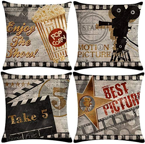 7COLORROOM 7ColorRoomVintage-Kino-Kissenbezüge, Filmkino-Poster mit Popcorn, Projektor, Klappe, Sternmuster, Heimdekoration, Couch-Kissenbezug, 45,7 x 45,7 cm, 4er-Set (Film 4P)