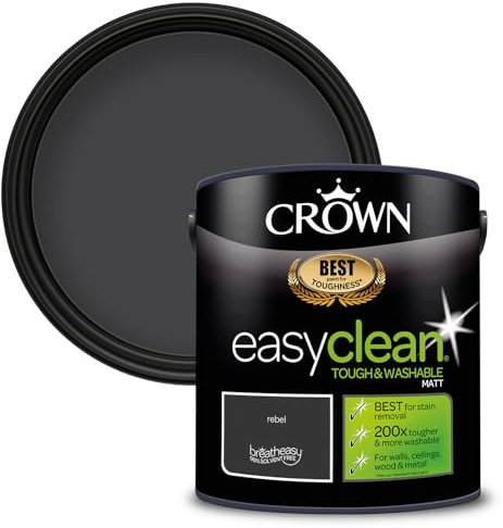 Crown EASYCLEAN Grey Black Matt Emulsion Wall Paint - Washable 2.5L | Stain resistant Rebel 200x tougher. Wipeable on walls, ceilings, wood & metal. Ideal for hallways & kids' rooms. Low VOC