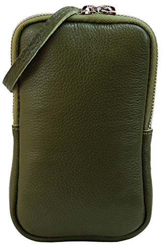 SH Leder Damen Echtleder Handytasche Umhängetasche Geldbörse Multifunktion Beutel Mini Bote Abnehmbar Verstellbar Schultergurt Handy bis 6,8 Zoll 11x18cm Jana G269 (Oliv Grün)