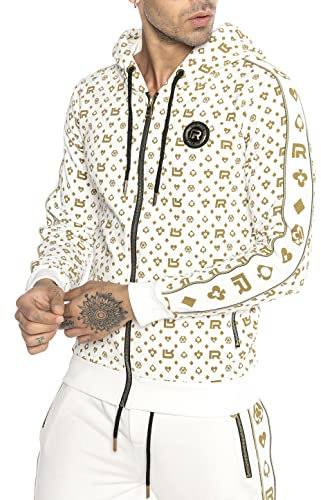 Redbridge Designer Hoodie – Bedruckter Zip-Hoodie mit Kapuze und Allover-Muster – Streetwear Sweatjacke mit Reißverschluss im Luxus-Stil Weiß XL