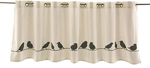 Clever-Kauf-24 Ösen Scheibengardine Landhaus Leinenstruktur 2509 | Bistrogardine HxB 48 x 140cm | Bedruckt mit Vögeln |