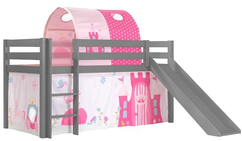 Vipack Spielbett Pino inkl. Rutsche mit Textilset Vorhang und Tunnel Princes Kiefer massiv grau lackiert